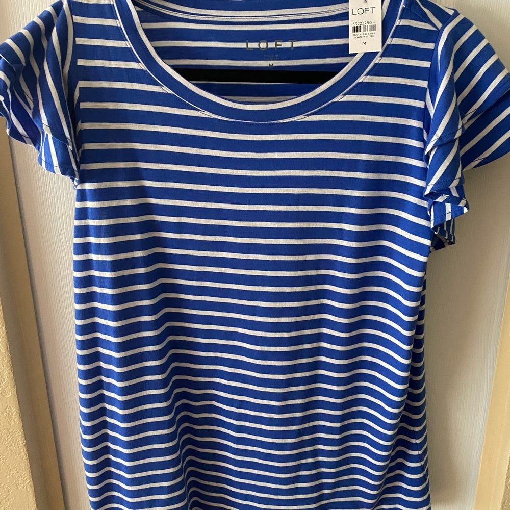 NWT LOFT Medium Blue and White Stripe Shirt with Flutter Sleeve
